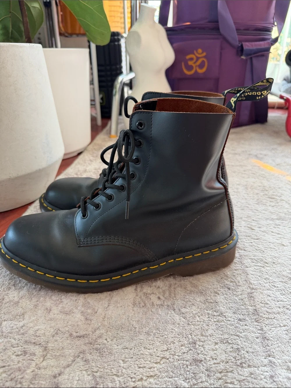 Dr. Martens True Leather 8-Eye Lace-Up Boots with Yellow Stitching
